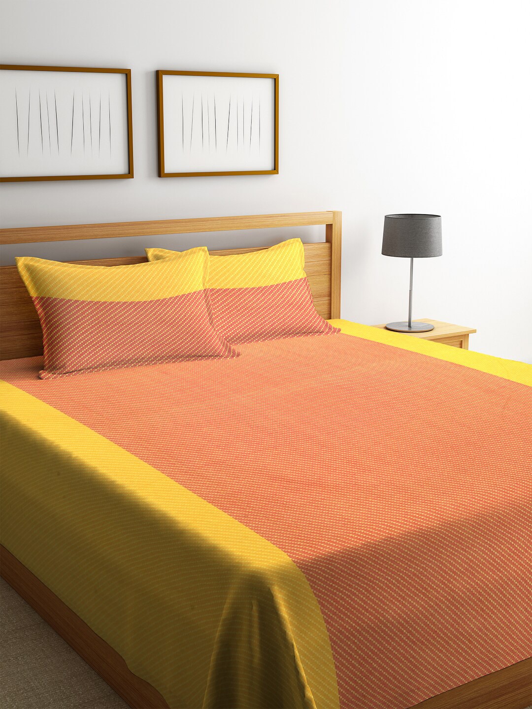 KLOTTHE Orange & Yellow Woven Design Double King Bed Cover With 2 Pillow Covers Price in India