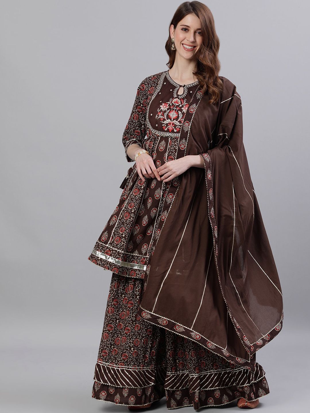 Ishin Women Brown Embroidered Kurti with Sharara & Dupatta Price in India