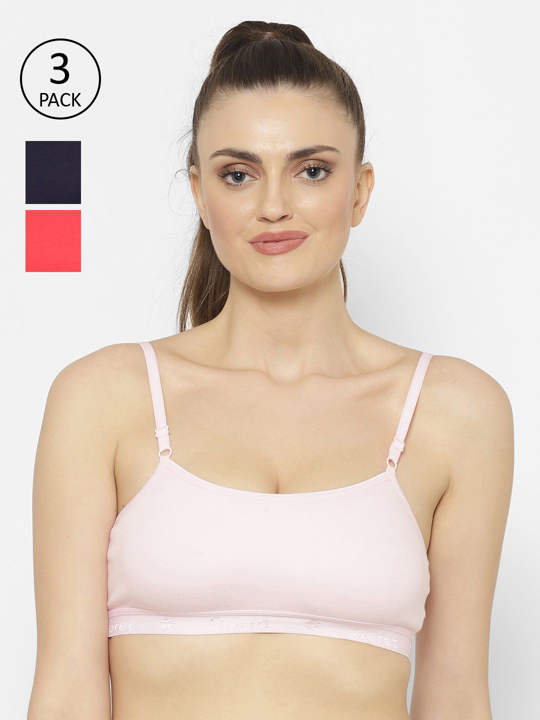 Floret Navy Blue & Coral Solid Set of 3 Workout Bra 1492_N.Blue-Pink-Tomato-N.Blue-Pink Price in India