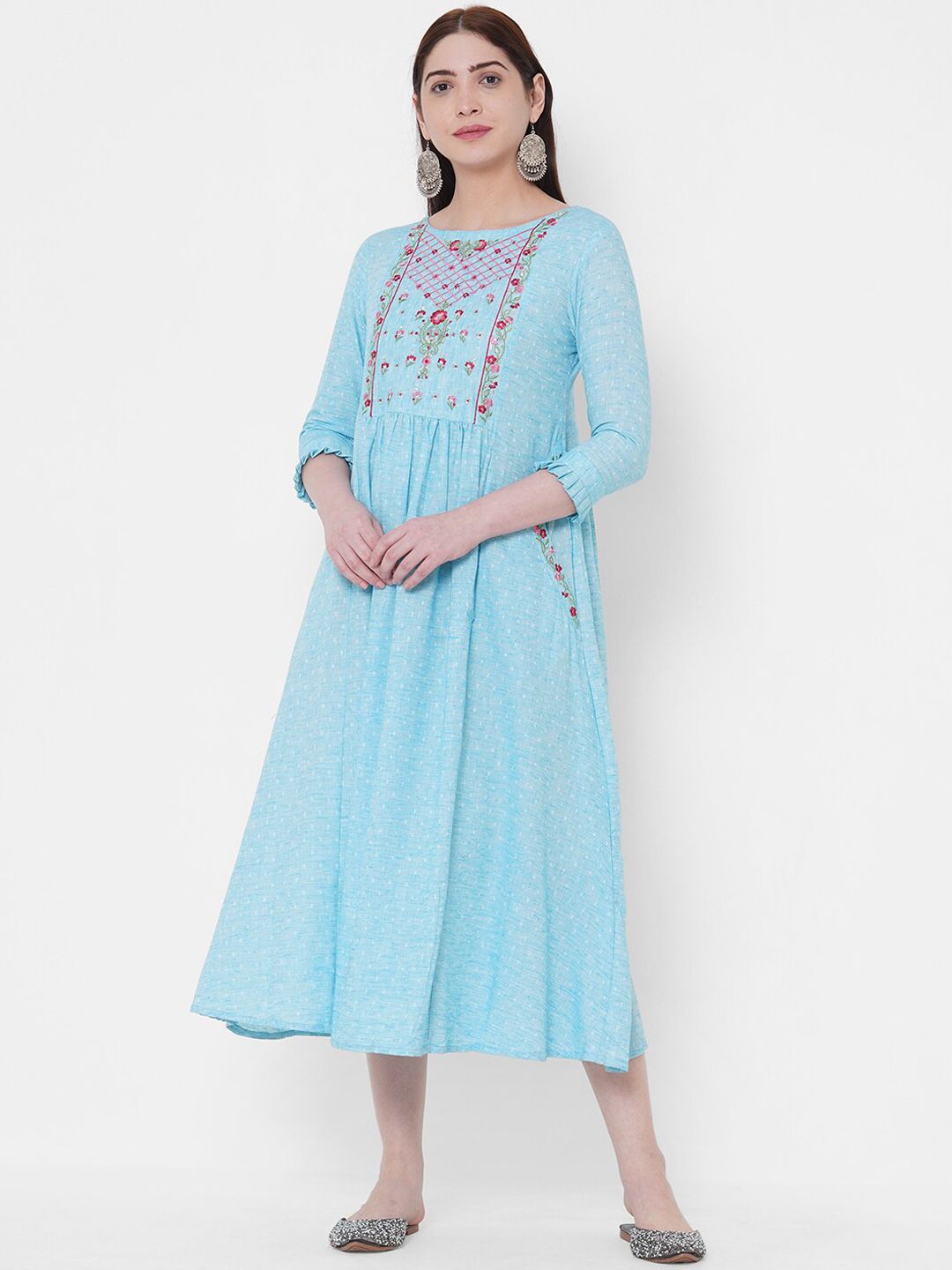 FASHOR Women Blue & Pink Floral Embroidered Fit and Flare Dress