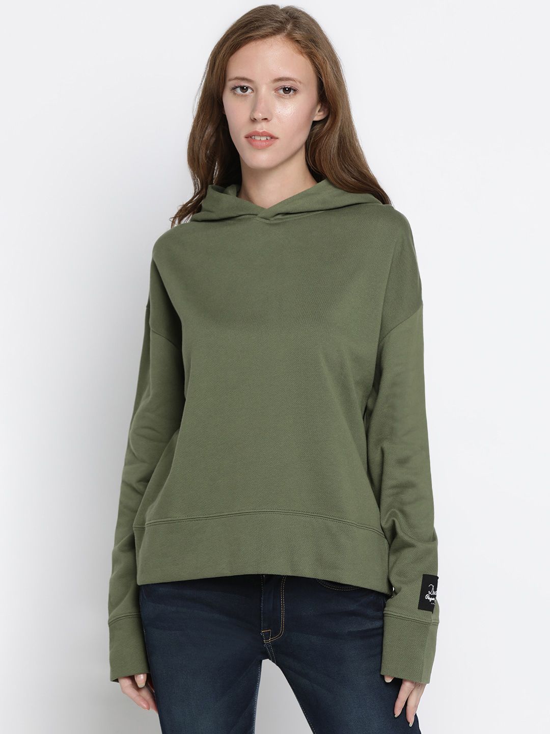 Pepe Jeans Women Green Solid Hooded Sweatshirt Price in India