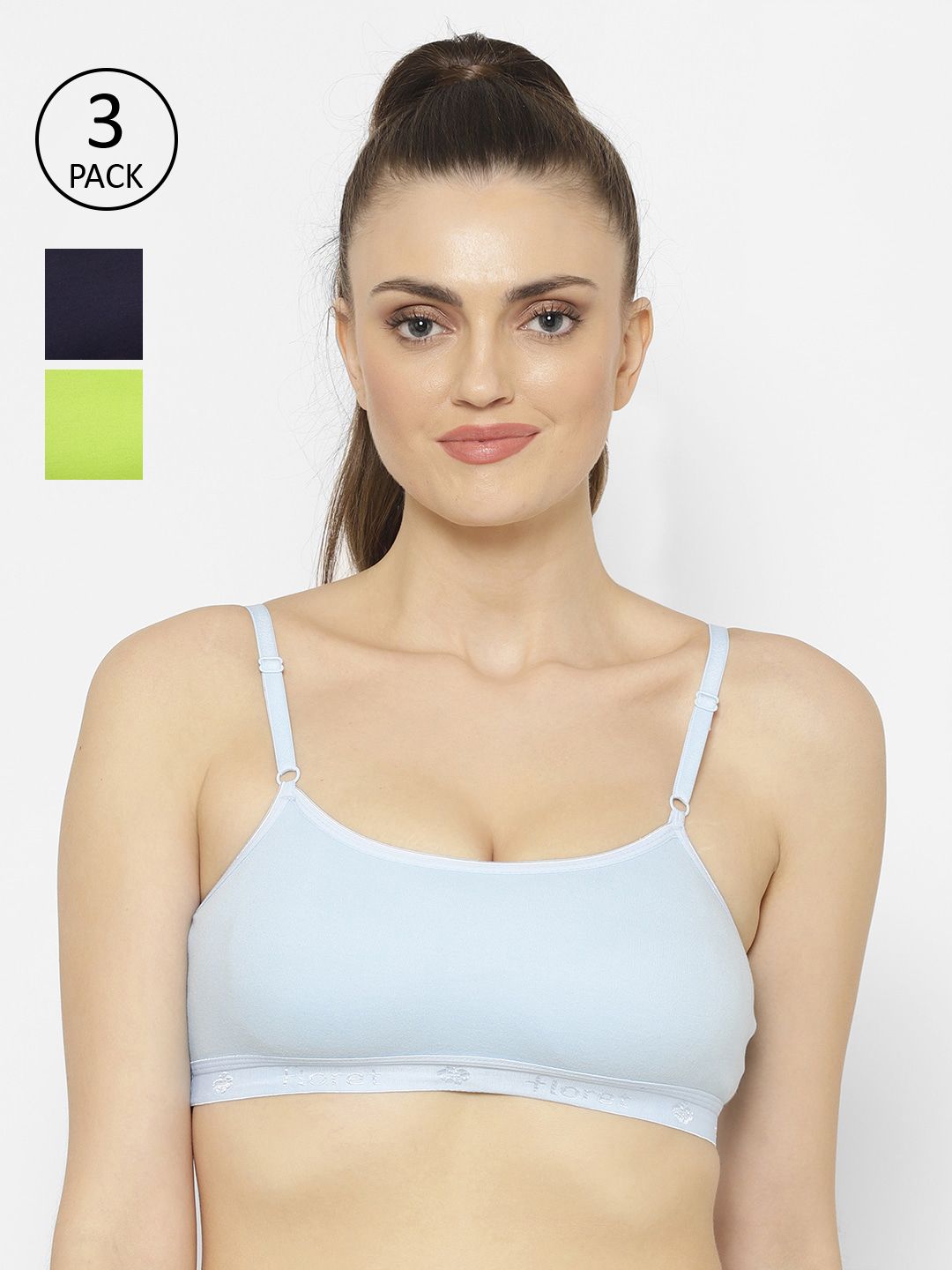 Floret Navy Blue & Blue Solid Set of 3 Workout Bra 1492_N.Blue-Sky-Lime Green-N.Blue-Sky Price in India