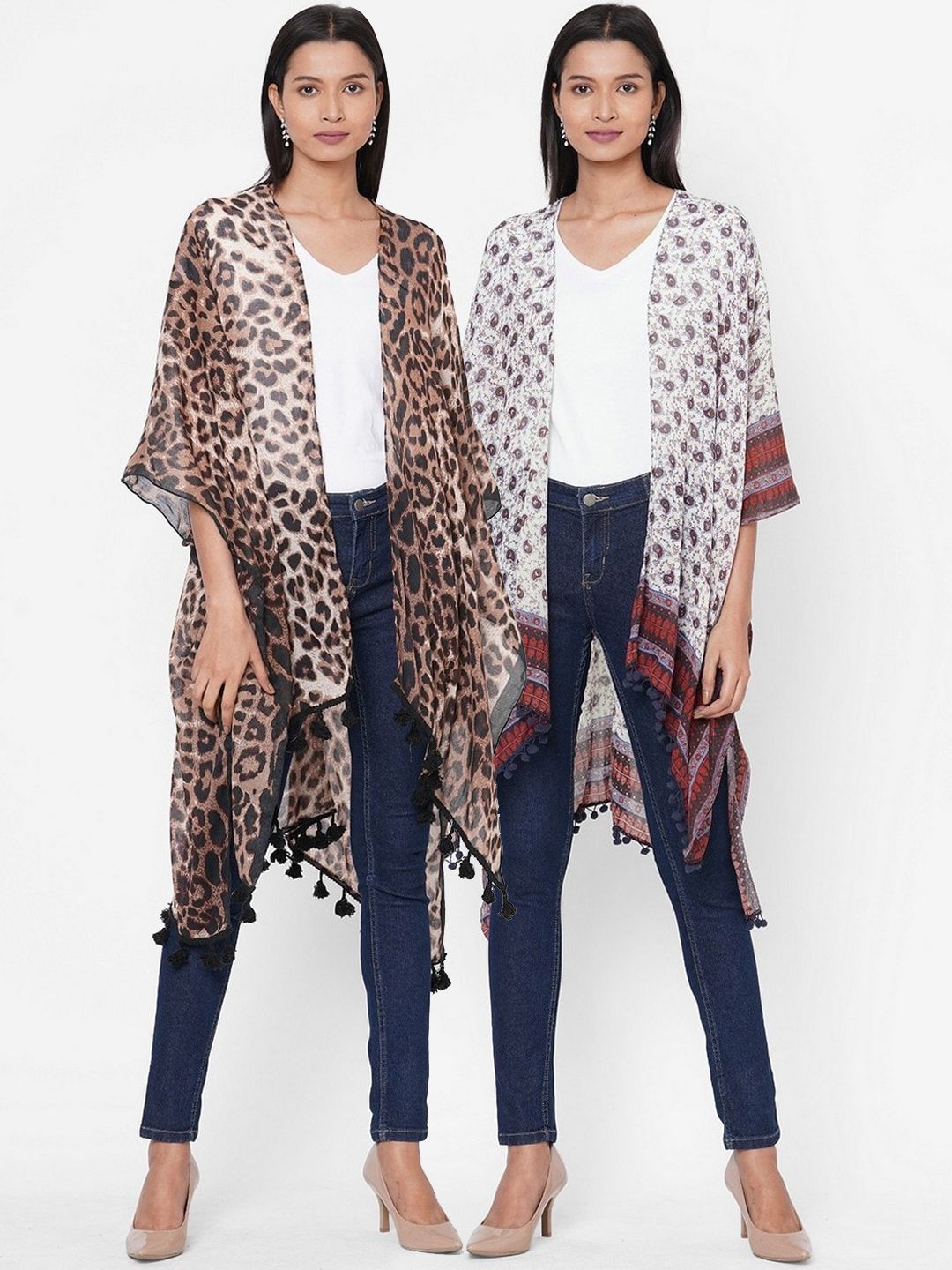 Get Wrapped Women Pack Of 2 Printed Open Front Kimono Shrug Price in India