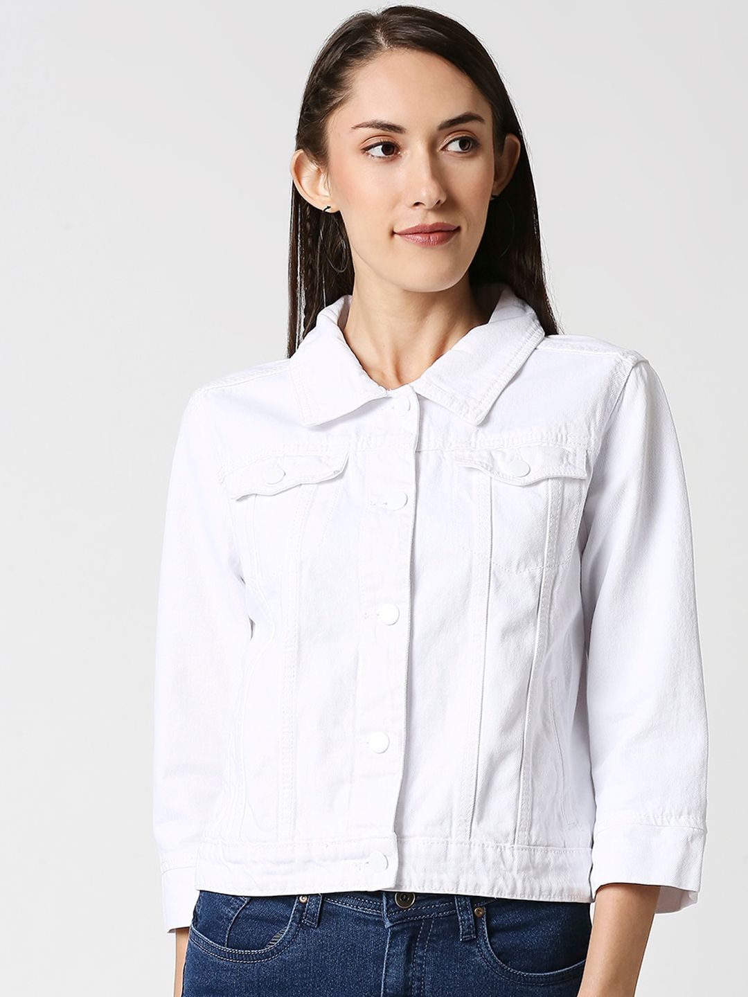 High Star Women White Solid Stretchable Denim Jacket Price in India