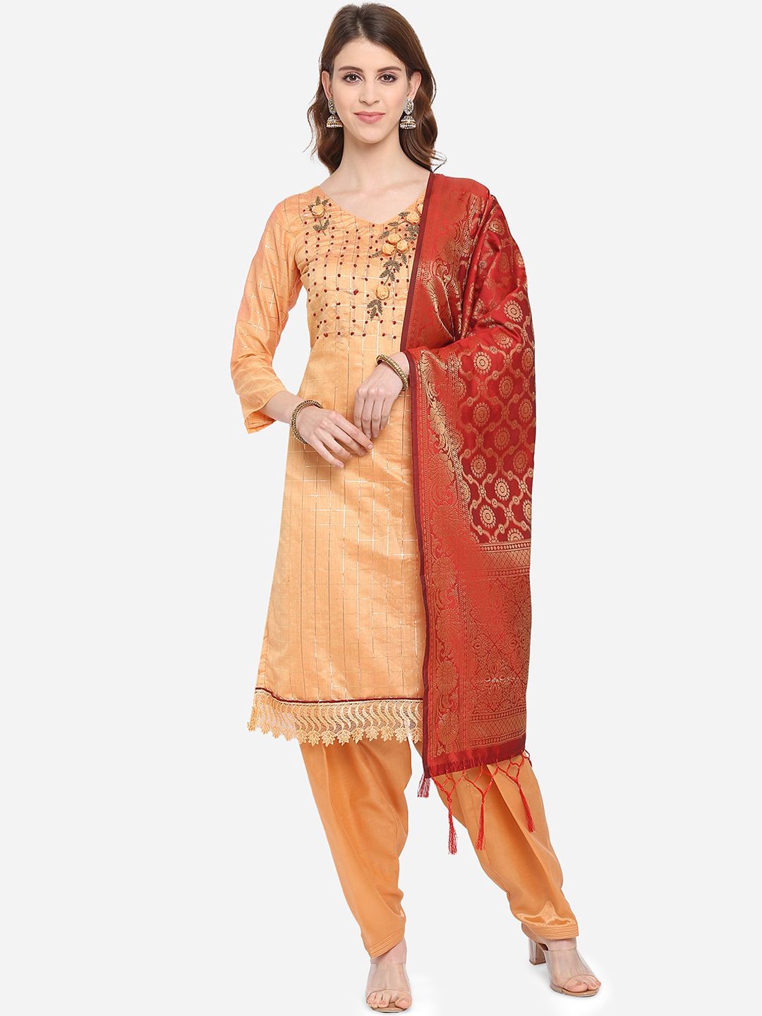 Ethnic Junction Peach-Coloured & Maroon Silk Blend Unstitched Dress Material Price in India