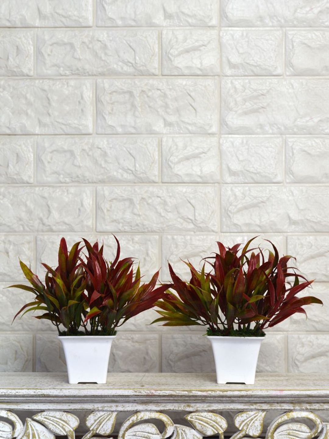 Fancy Mart Set Of 2 Maroon & Green Artificial Bamboo Leaves in Gamla Pot Price in India