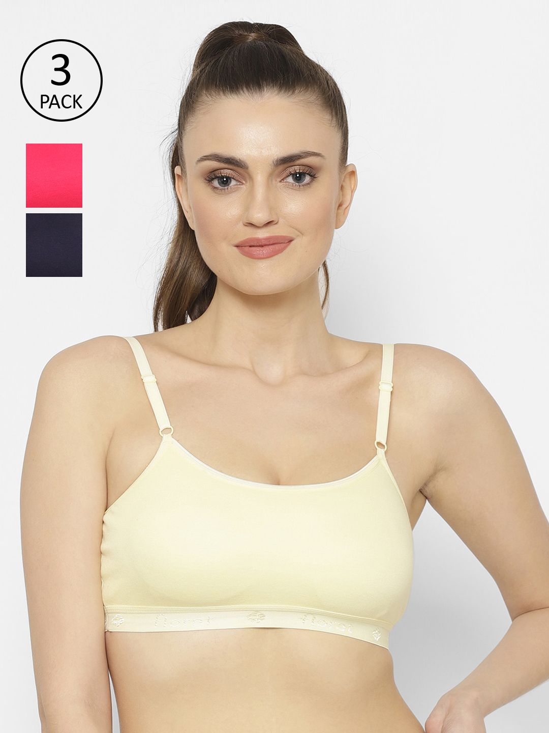 Floret Yellow & Navy Blue Solid Set of 3 Workout Bra 1492_Lemon-N.Blue-Magenta Price in India