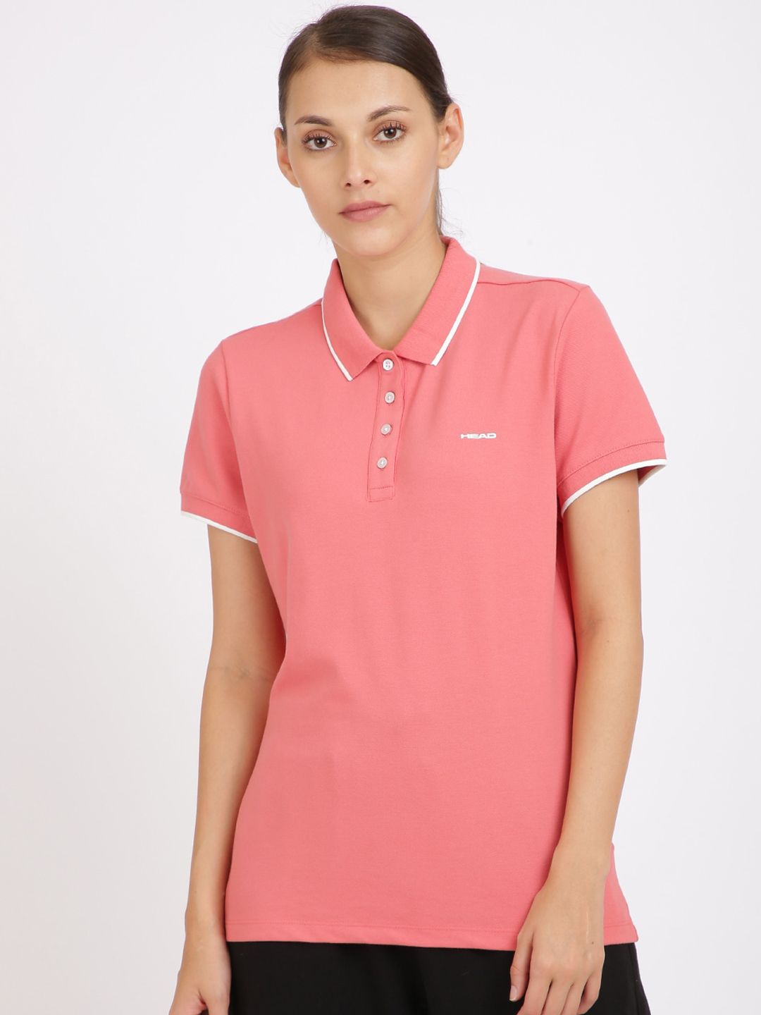 Head Women Coral Pink Solid Polo Collar T-shirt Price in India