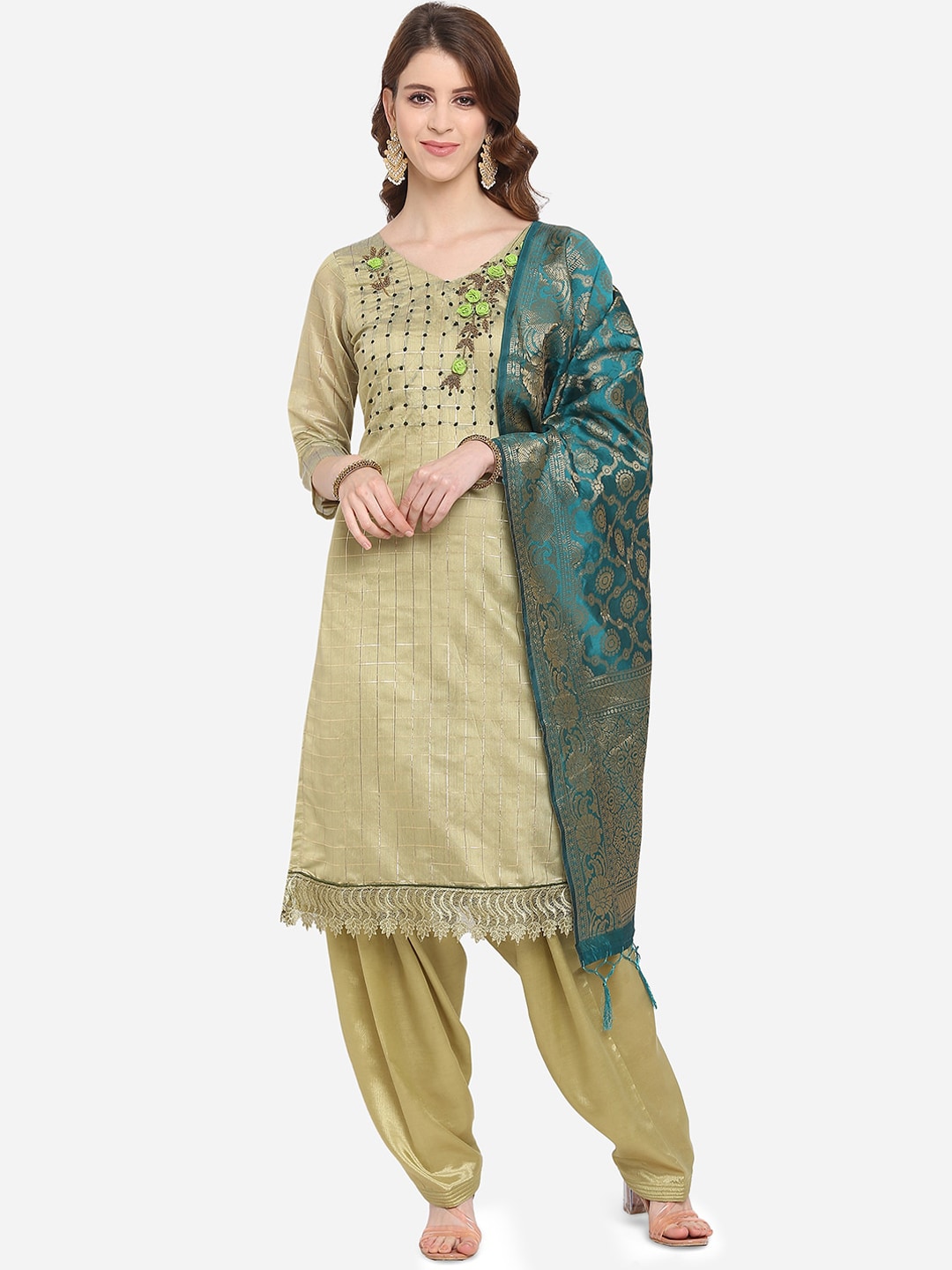 Ethnic Junction Gold-Toned & Teal Silk Blend Unstitched Dress Material Price in India