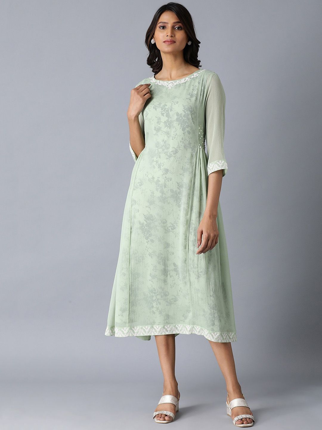 W Women Green Printed A-Line Dress Price in India