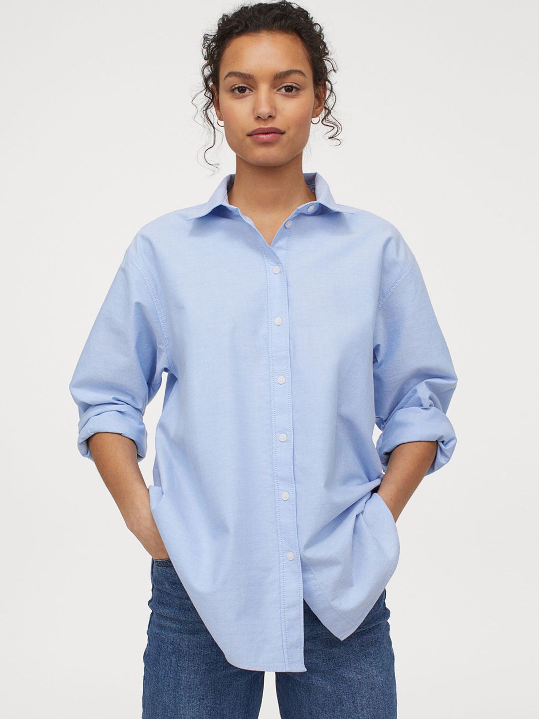 H&M Women Blue Oversized Oxford Shirt Price in India