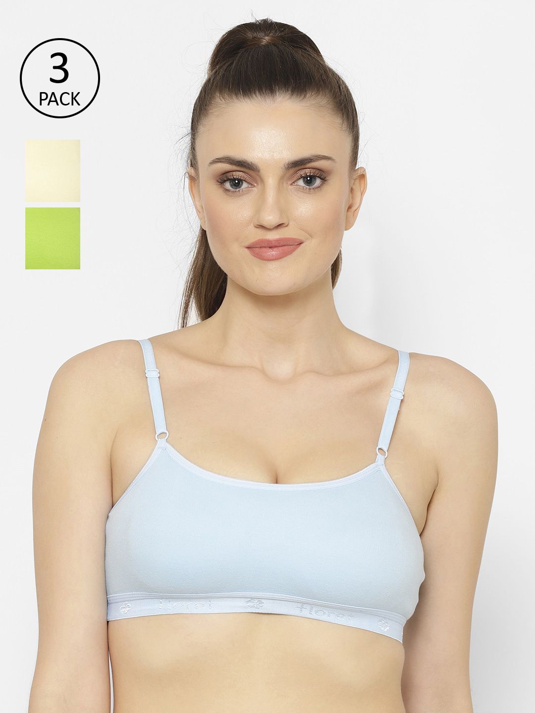 Floret Blue & Lime Green Solid Set of 3 Workout Bra 1492_Sky-Lemon-Lime Green-Sky-Lemon Price in India