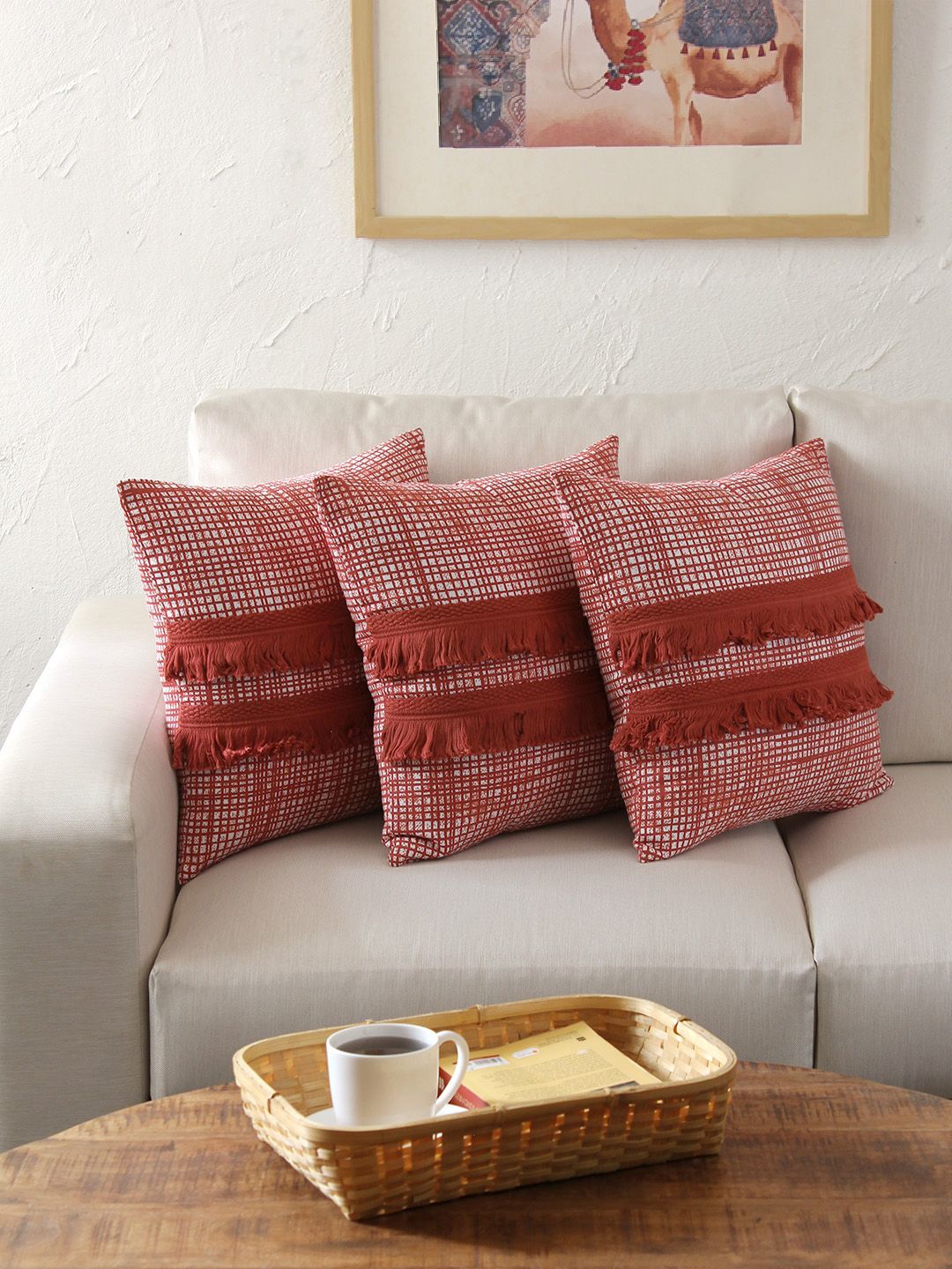 House This Red Set of 3 Self Design Square Cushion Covers Price in India