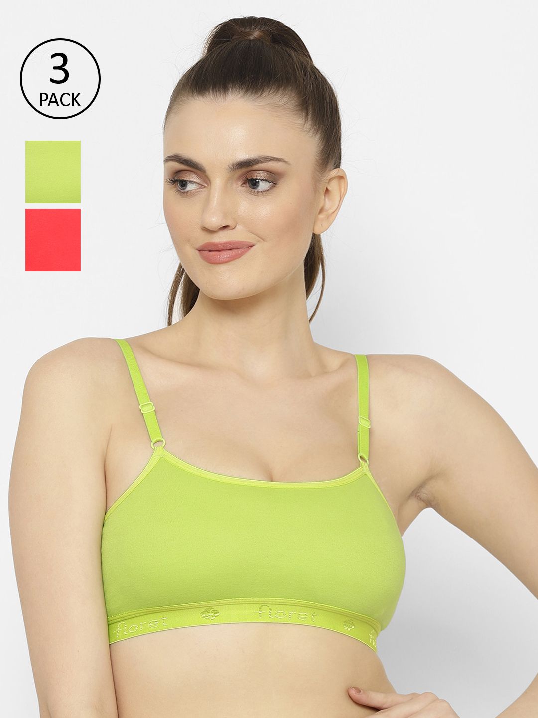 Floret Lime Green & Coral Solid Set of 3 Workout Bra 1492_Lime Green-Tomato-Lime Green Price in India