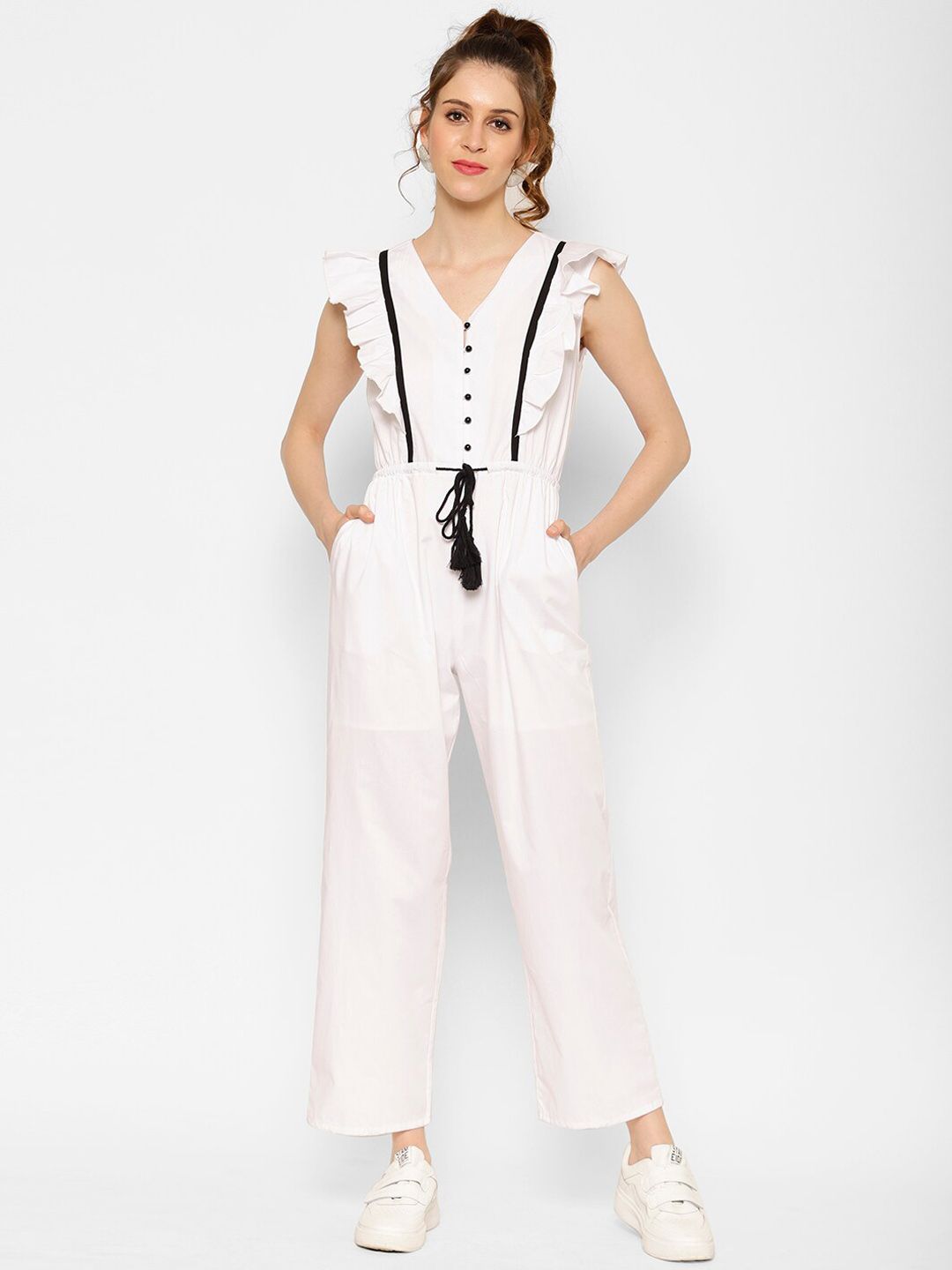 KASSUALLY Women White Solid Cotton Basic Jumpsuit Price in India