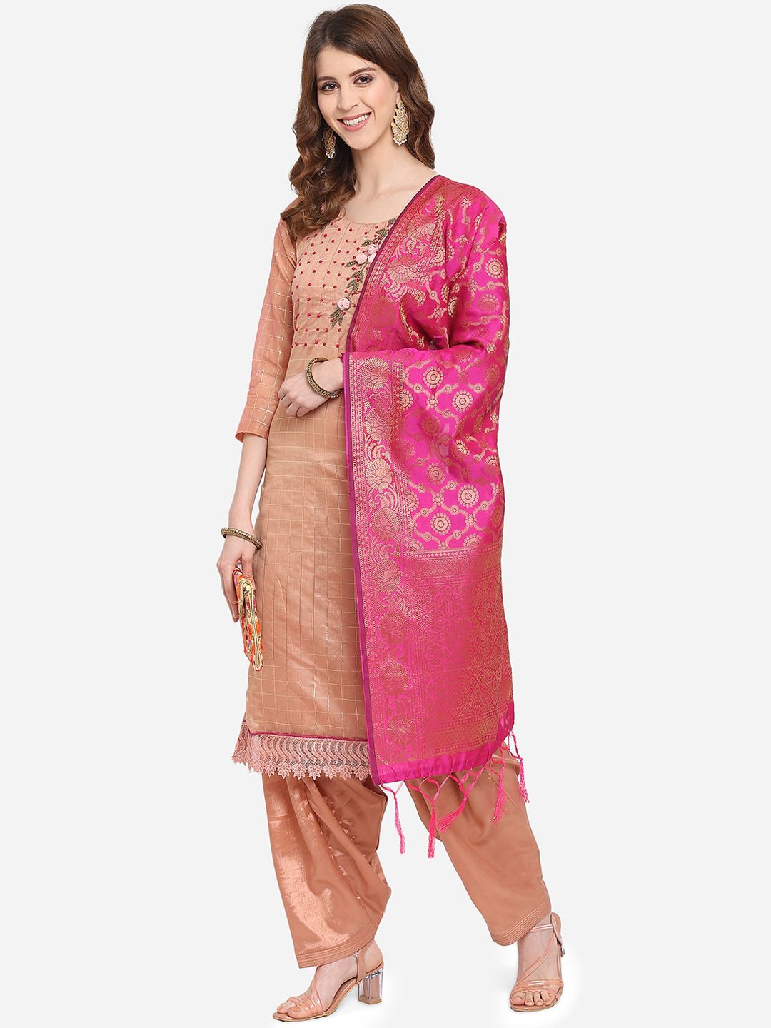 Ethnic Junction Peach-Coloured & Pink Silk Blend Embroidered Unstitched Dress Material Price in India