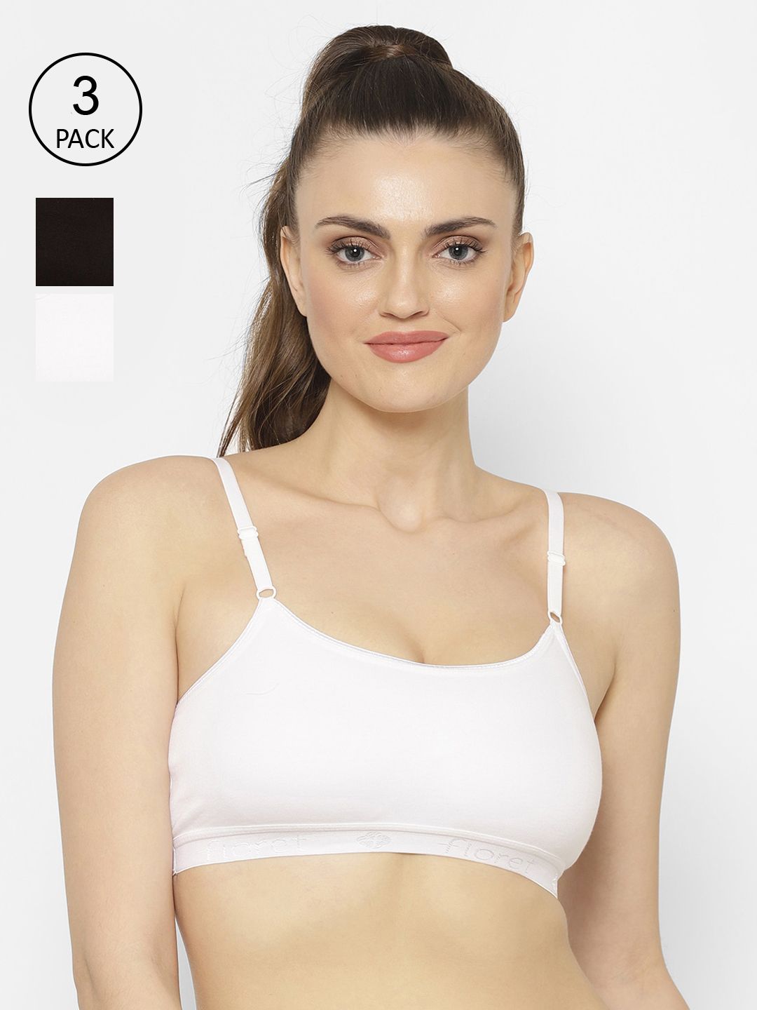 Floret White & Black Solid Set of 3 Workout Bra 1492_White-Black-White-White-Black-White Price in India