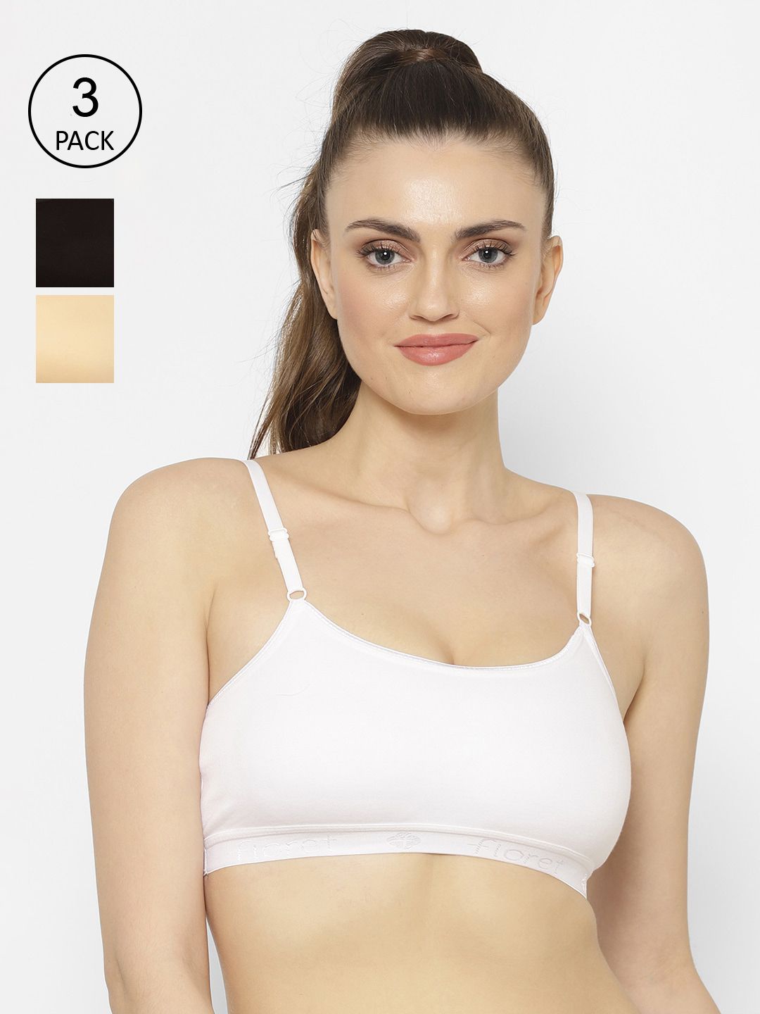 Floret White & Black Solid Set of 3 Workout Bra 1492_White-Skin-Black-White-Skin-Black Price in India