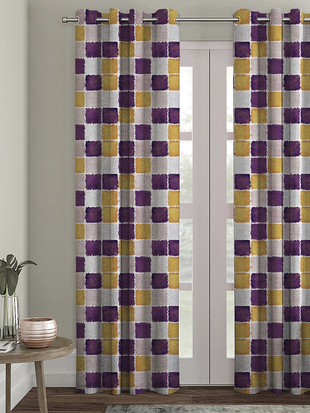 HOUZZCODE Purple & White Colourblocked Single Black Out Door Curtain Price in India