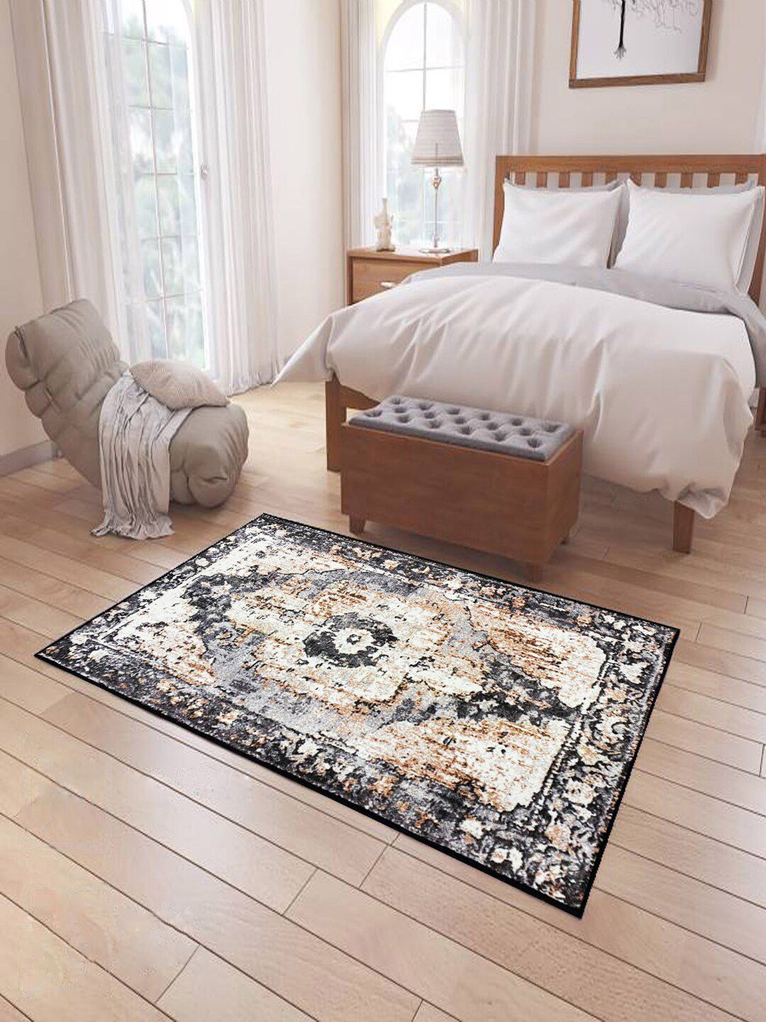 Status Black & Beige Printed Heavy-Shaggy Anti-Skid Carpet Price in India