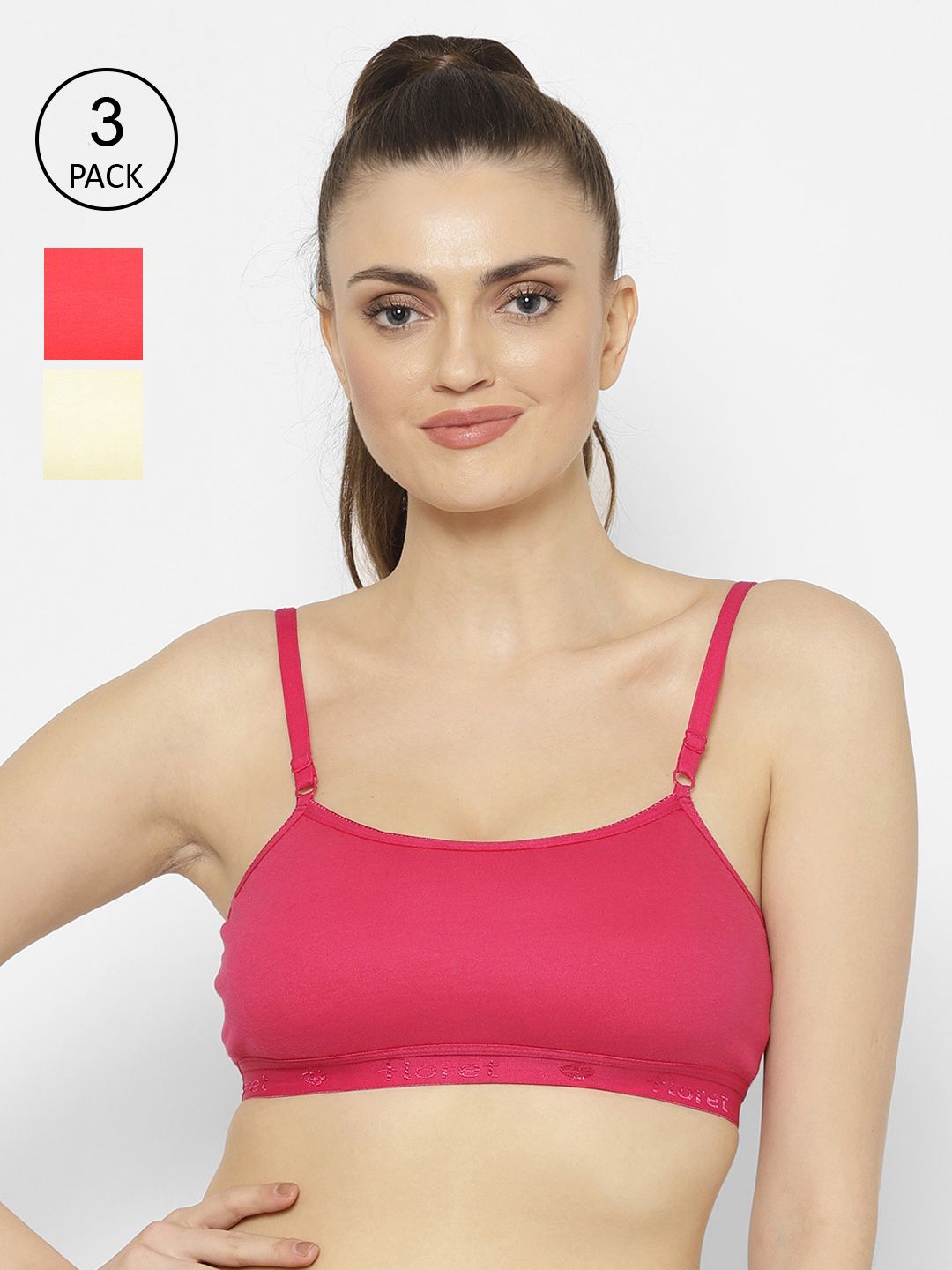 Floret Coral & Magenta Solid Set of 3 Workout Bra 1492_Tomato-Magenta-Lemon-Tomato-Magenta Price in India