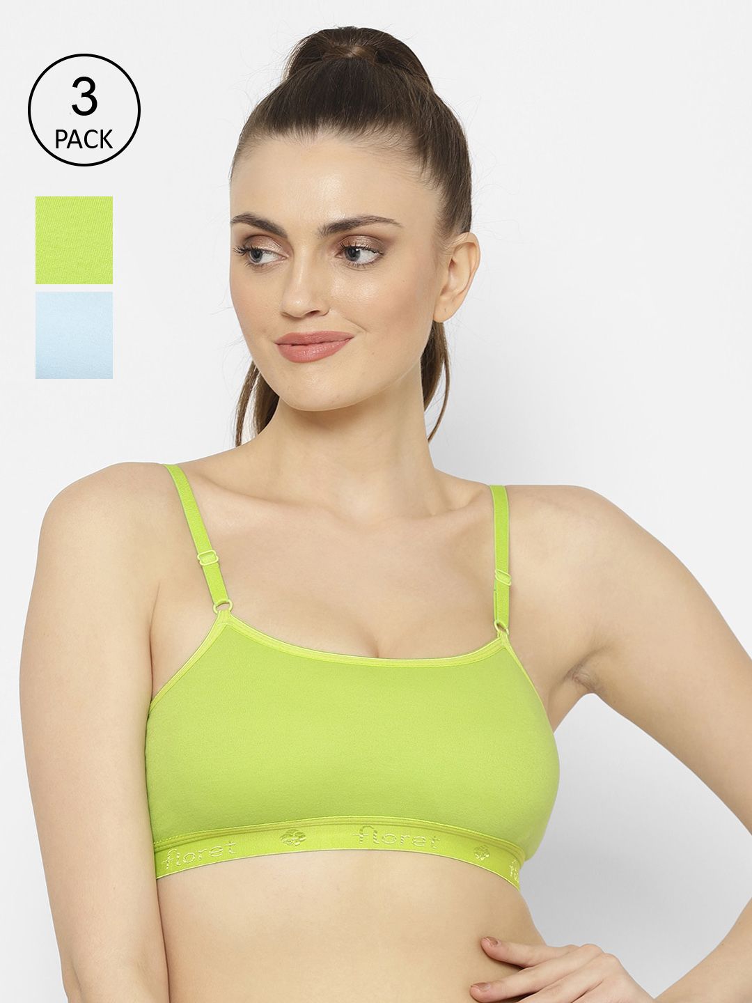 Floret Lime Green & Blue Solid Set of 3 Workout Bra 1492_Lime Green-Sky Price in India