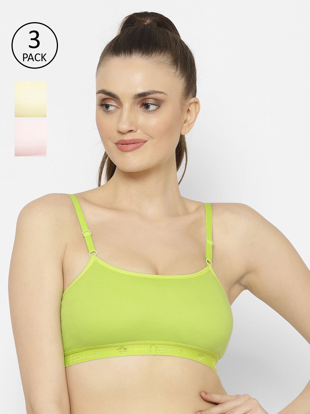 Floret Pink & Yellow Solid Set of 3 Workout Bra 1492_Pink-Lemon-Lime Green-Pink Price in India