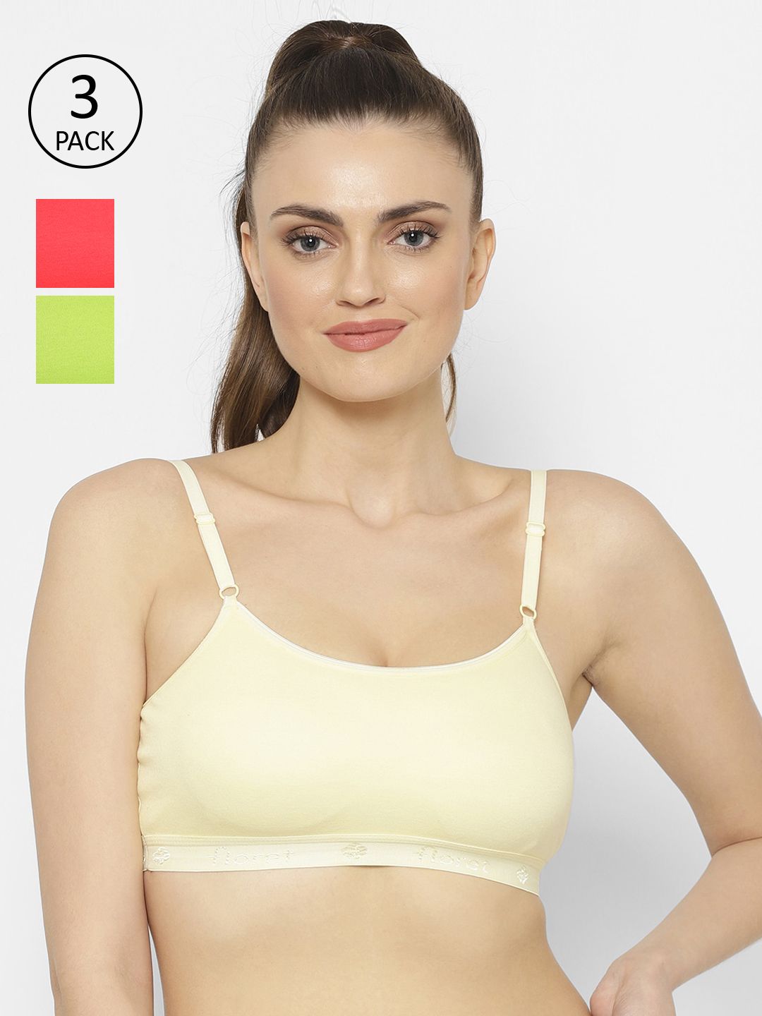 Floret Coral & Yellow Solid Set of 3 Workout Bra 1492_Tomato-Lemon-Lime Green Price in India