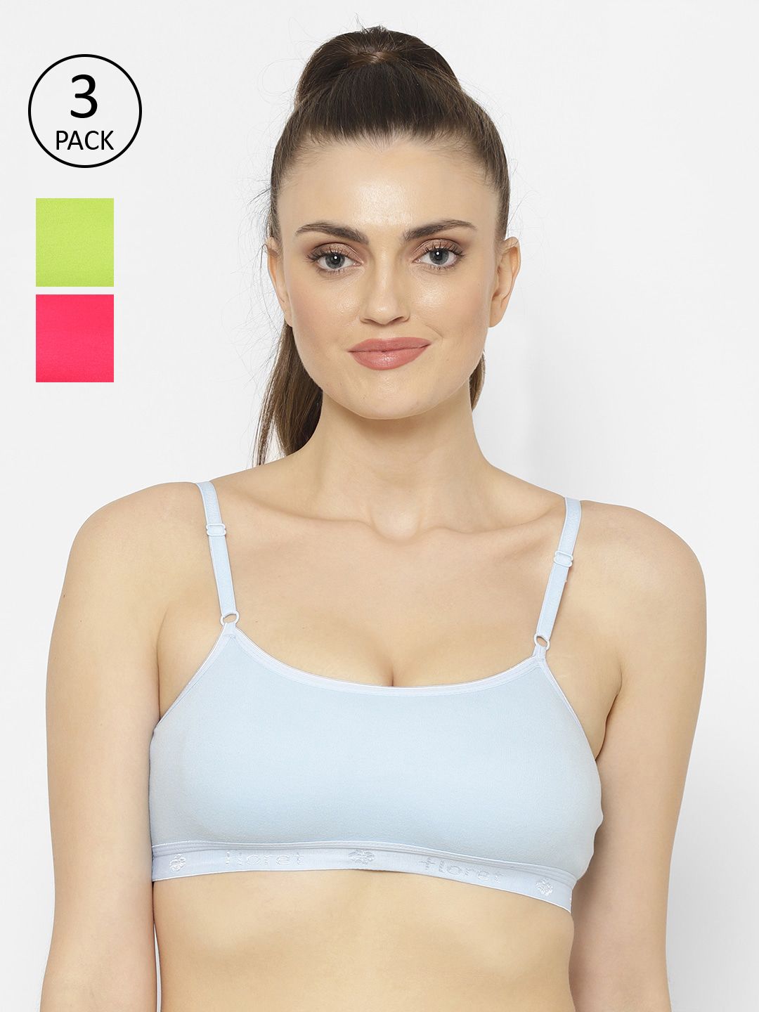 Floret Magenta & Blue Solid Set of 3 Workout Bra 1492_Magenta-Sky-Lime Green-Magenta-Sky Price in India