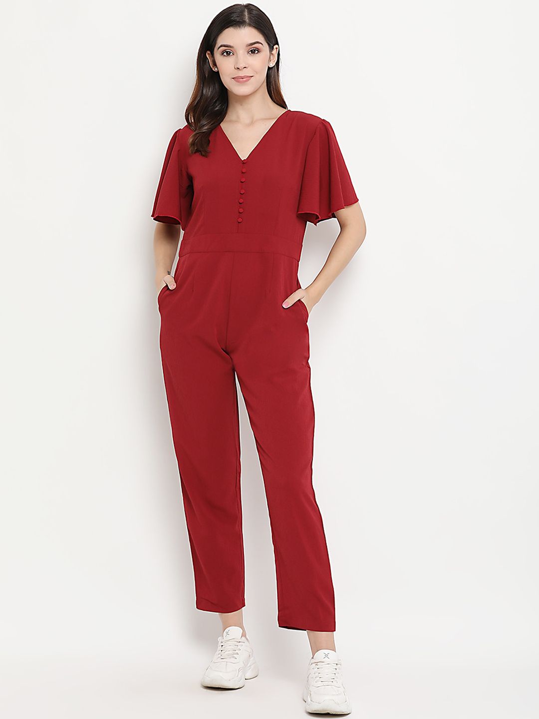 THREAD MUSTER Women Maroon Solid Basic Jumpsuit Price in India
