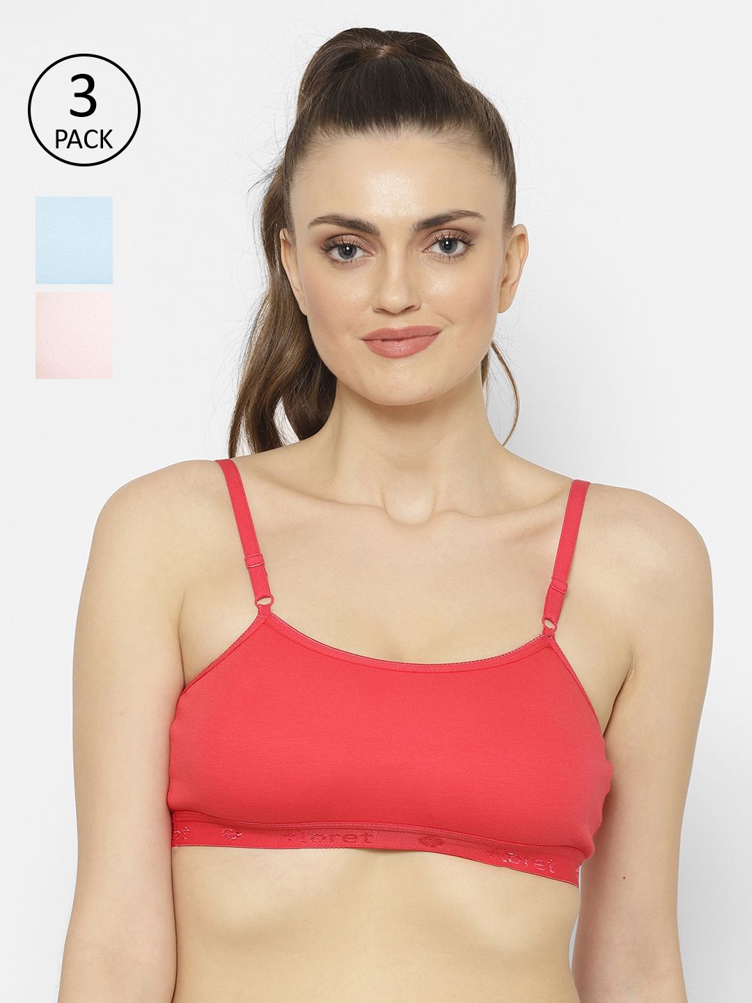 Floret Pink & Red Solid Set of 3 Workout Bra 1492_Pink-Tomato-Sky-Pink Price in India