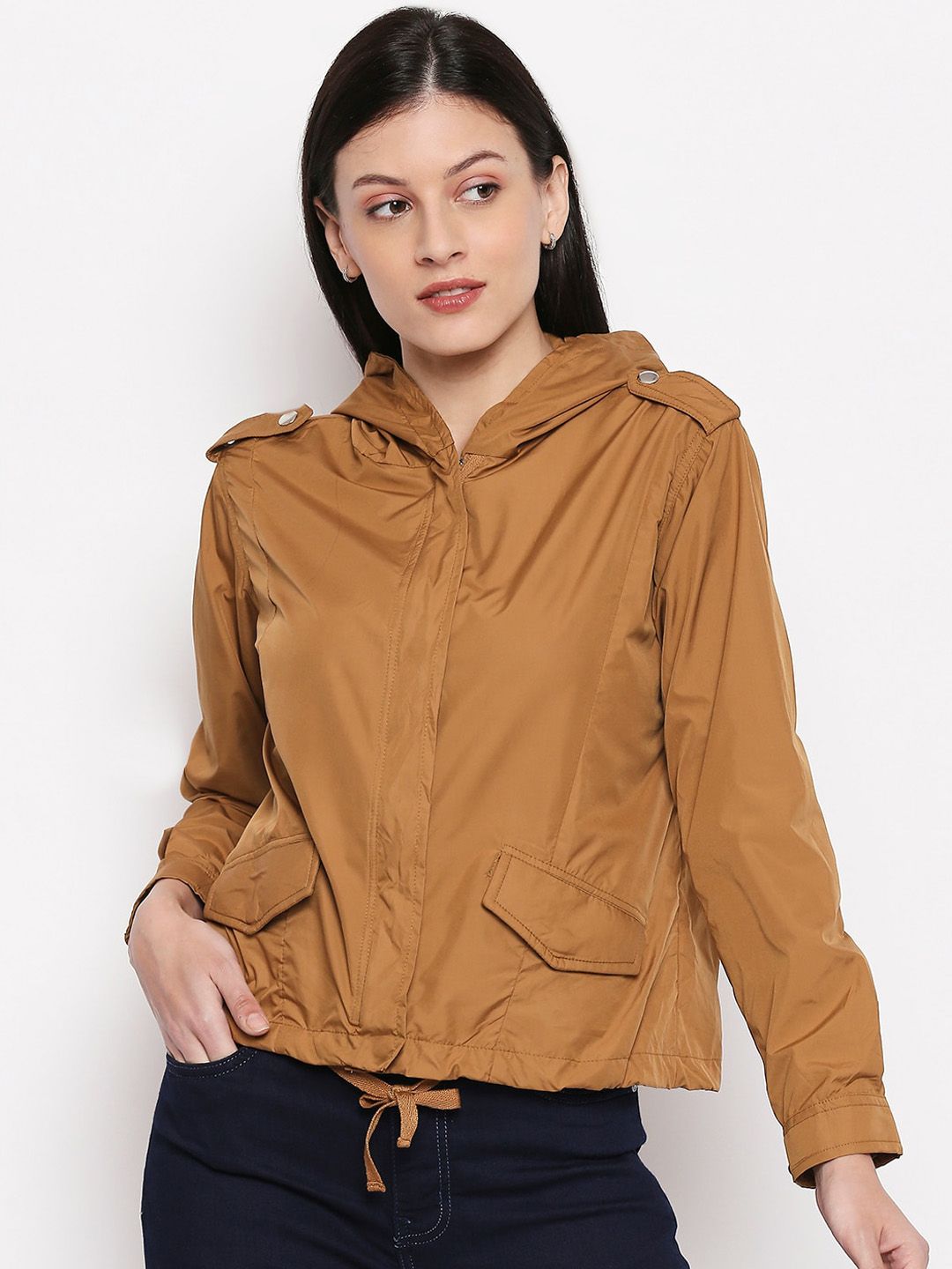 People Women Tan Solid Tailored Jacket Price in India