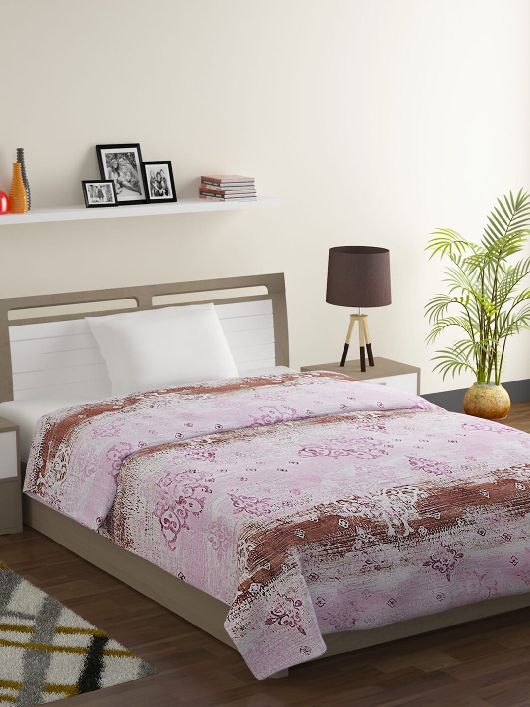 SWAYAM Pink & Brown Ethnic Motifs Mild Winter 150 GSM Single Bed Comforter Price in India