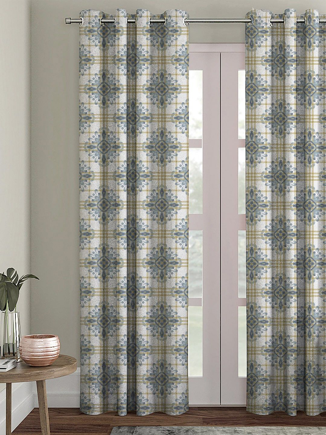 HOUZZCODE Grey & Yellow Printed Single Black Out Door Curtain Price in India