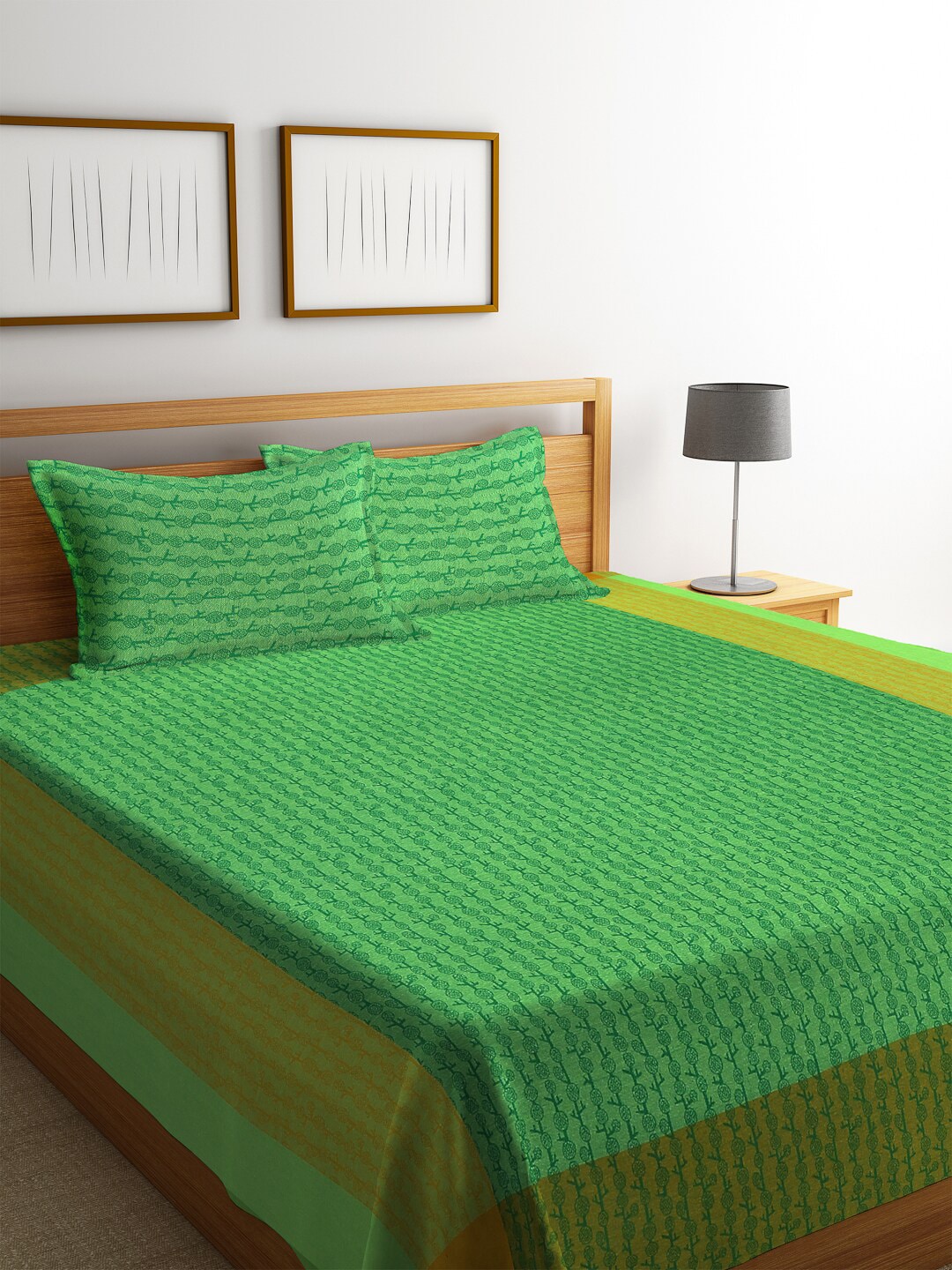 KLOTTHE Green & Yellow Woven Design Double King Bed Cover With 2 Pillow Covers Price in India