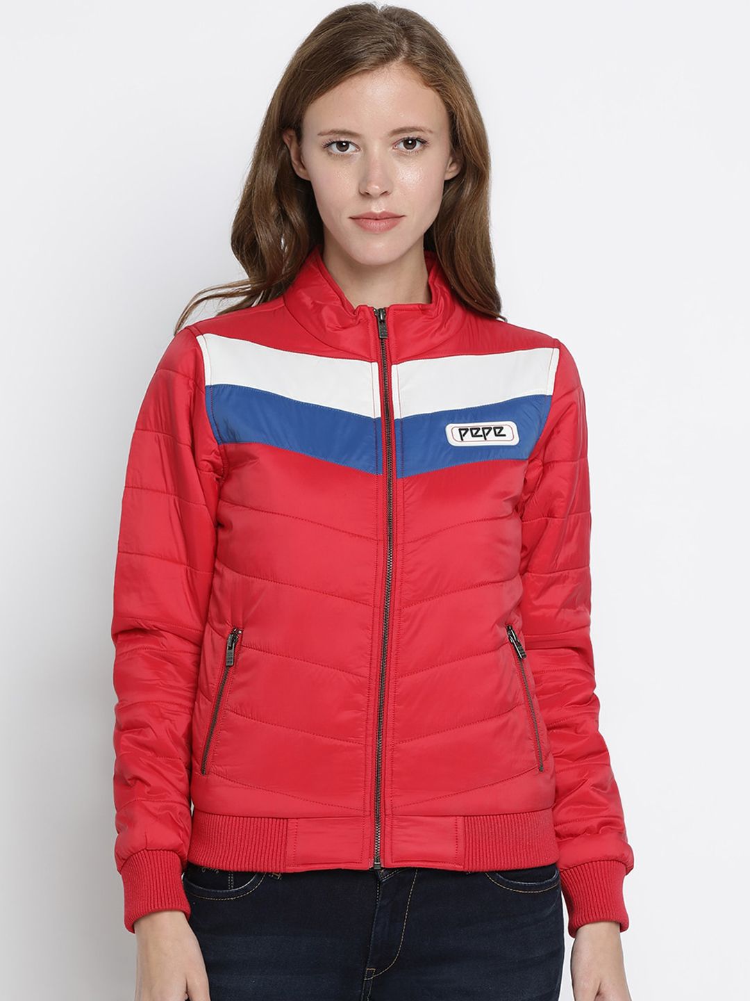 Pepe Jeans Women Red Colourblocked Puffer Jacket Price in India