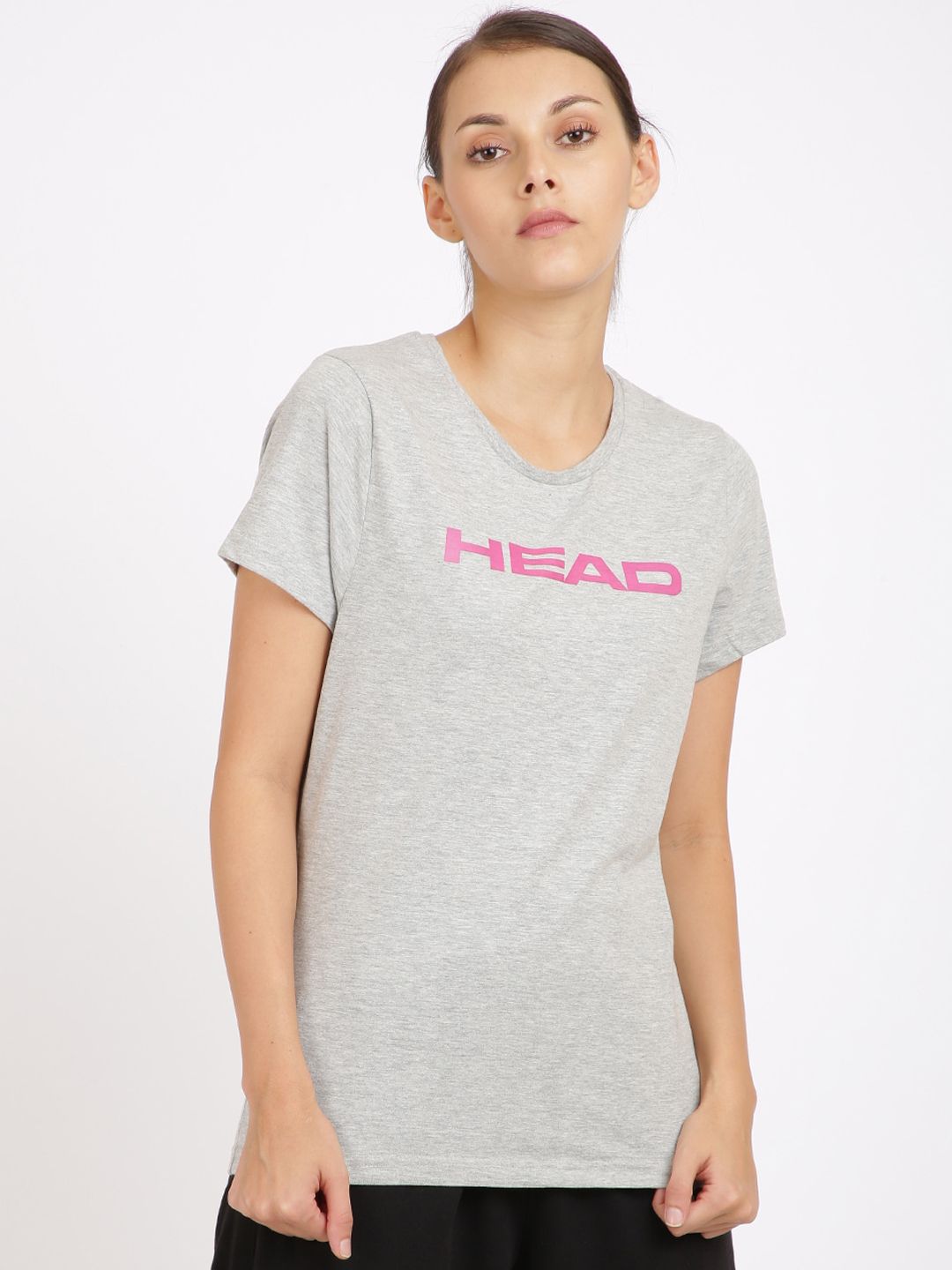 Head Women Grey Typography Printed Slim Fit Cotton Sports T-shirt Price in India