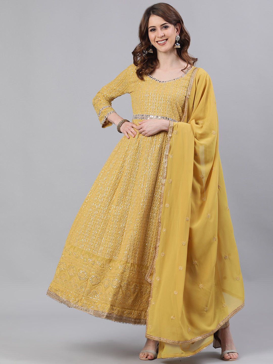 Ishin Mustard Ethnic Motifs Embroidered Chikankari Georgette Kurta Price in India