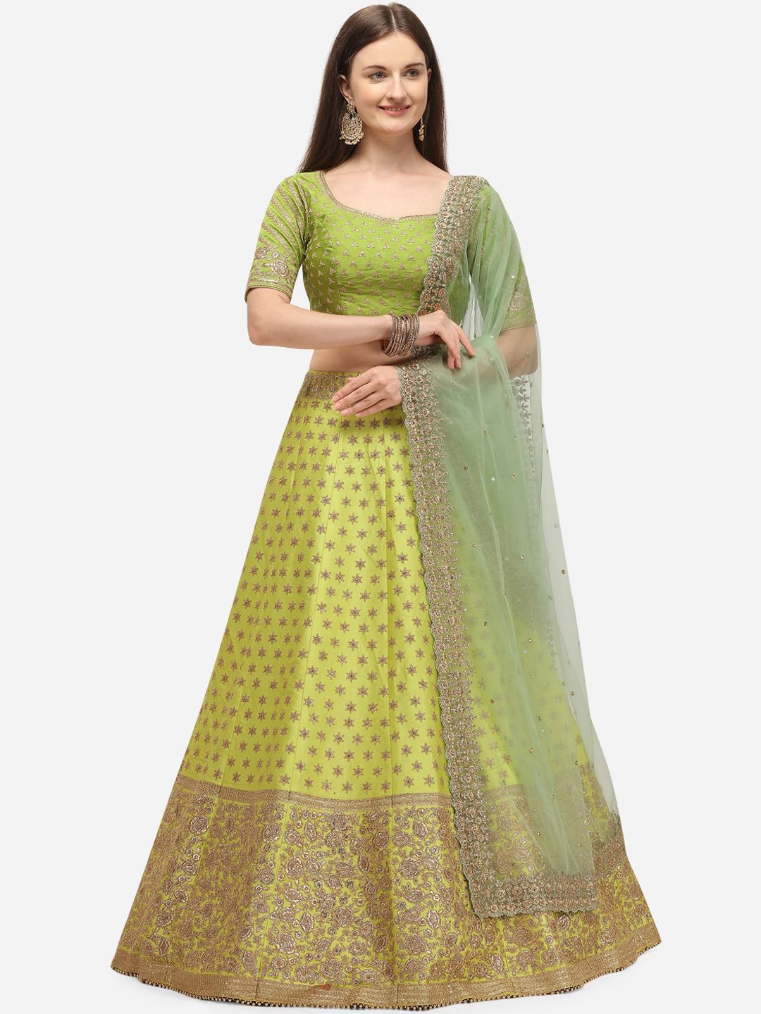 NAKKASHI Fluorescent Green Embellished Semi-Stitched Lehenga Unstitched Blouse & Dupatta