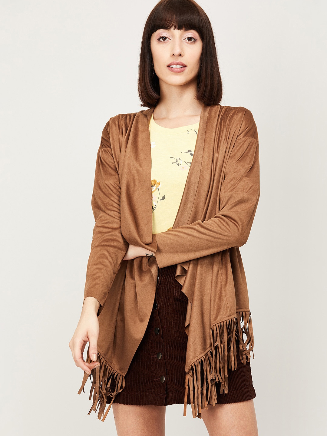 Ginger by Lifestyle Women Tan Solid Waterfall Shrug Price in India