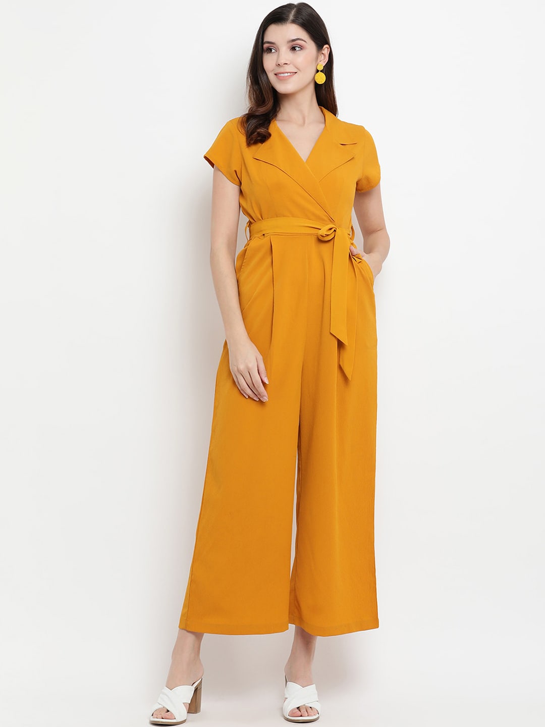 THREAD MUSTER Women Mustard Yellow Solid Basic Jumpsuit Price in India