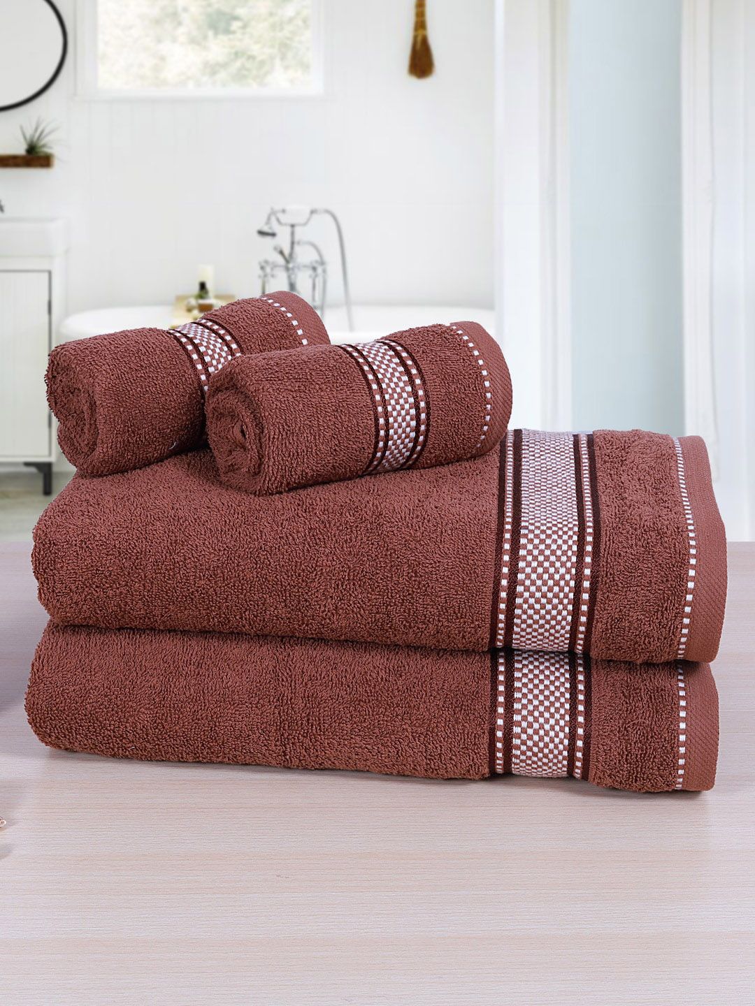RANGOLI Unisex Set Of 4 Brown Solid 380 GSM Towels Price in India