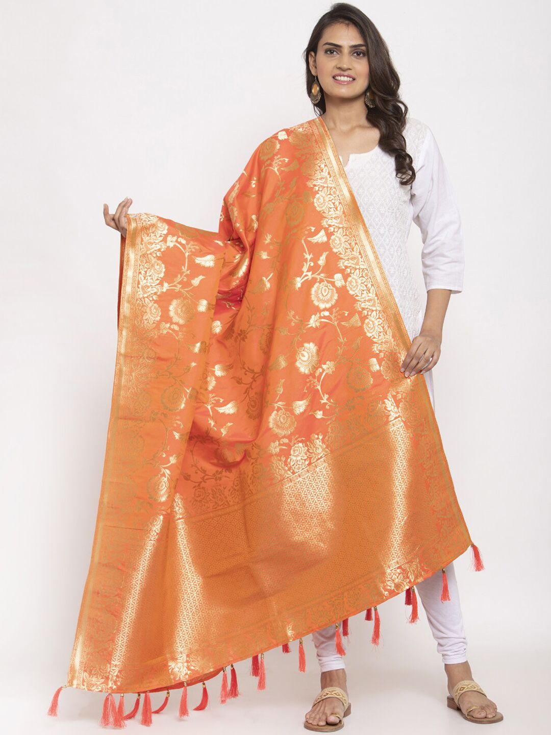 panchhi Orange Jacquard Woven Banarasi Dupatta