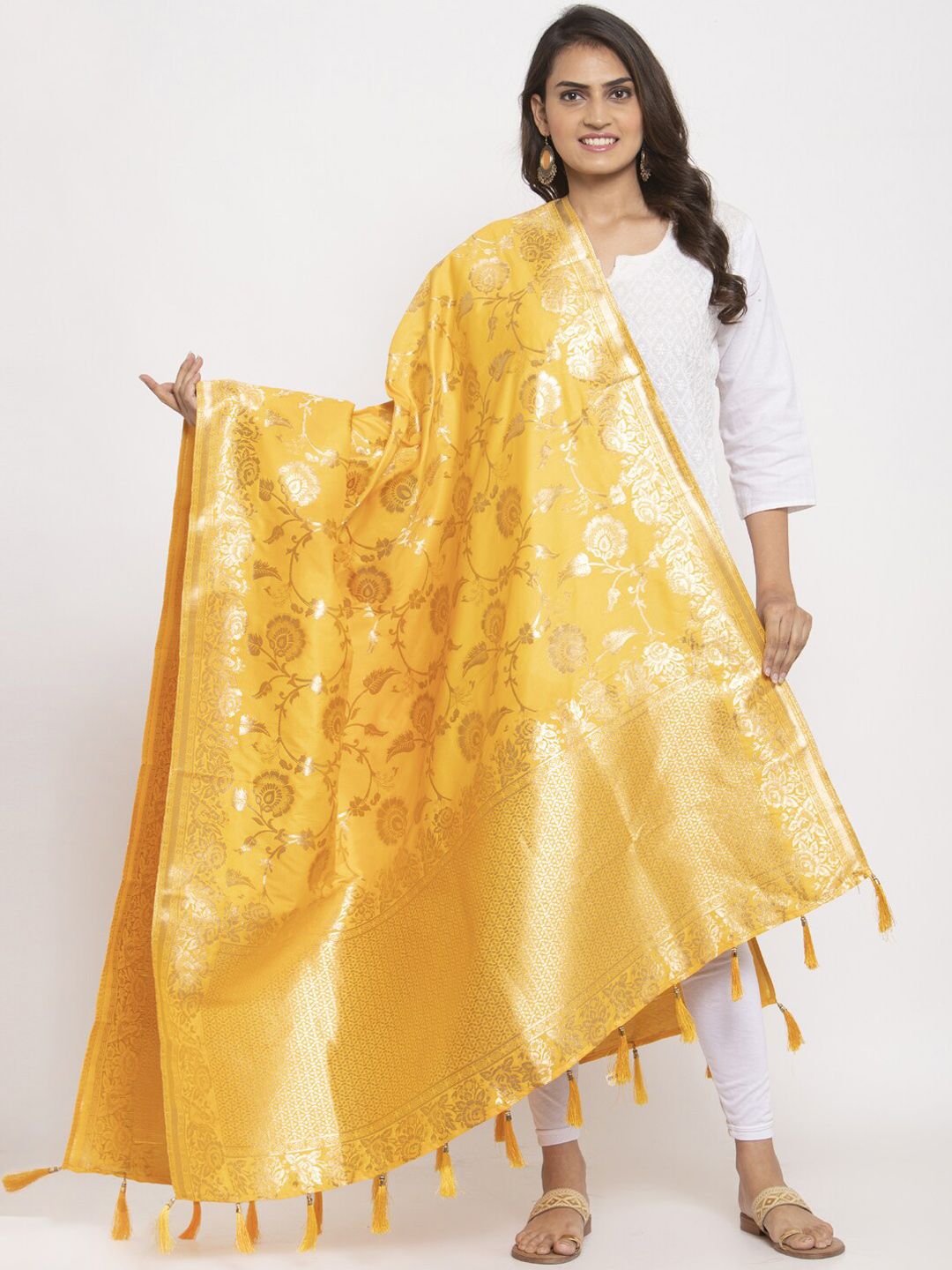 panchhi Yellow & Gold-Toned Jacquard Woven Banarasi Dupatta Price in India
