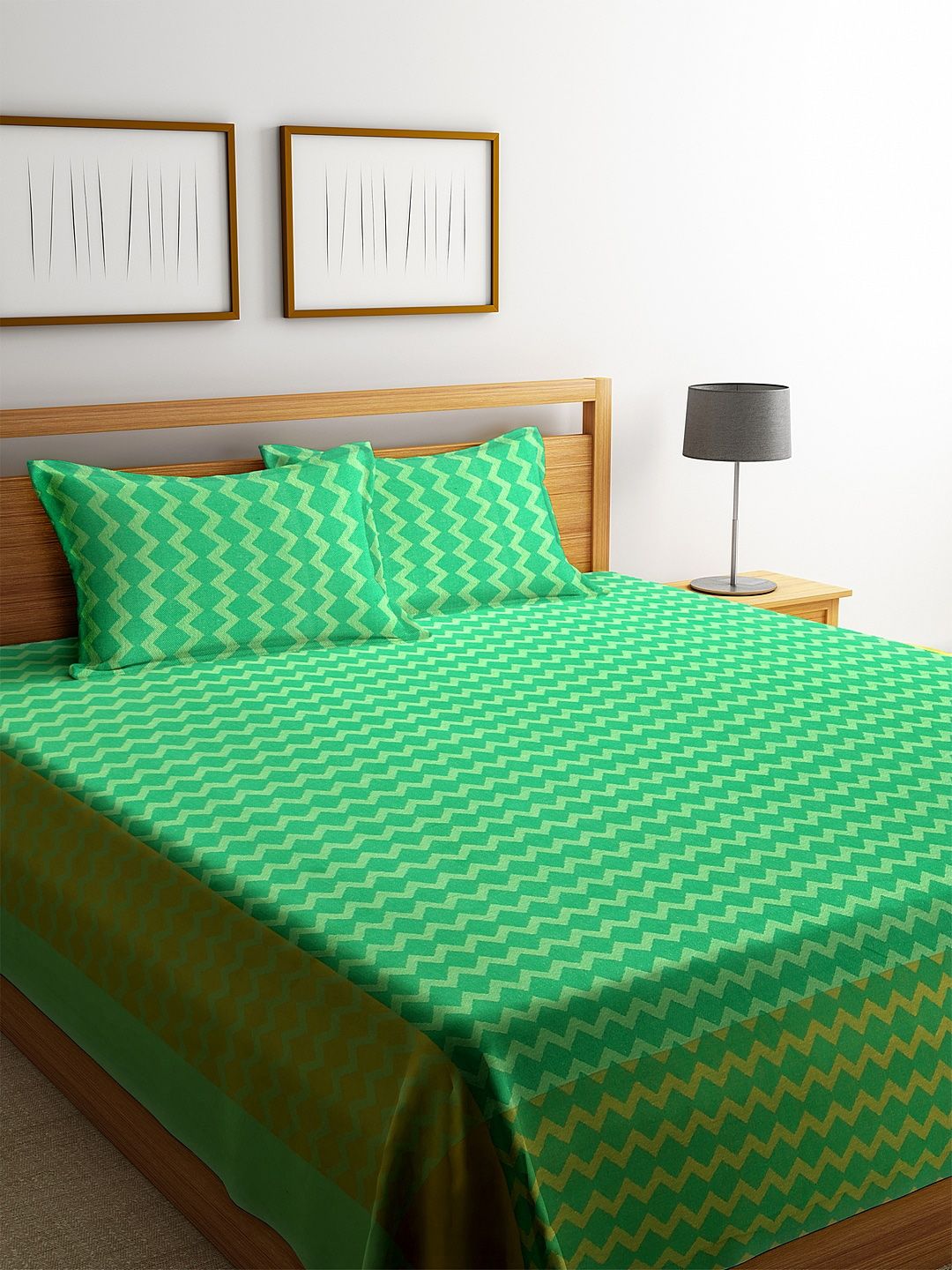 KLOTTHE Green & Yellow Woven Design Double King Bed Cover With 2 Pillow Covers Price in India