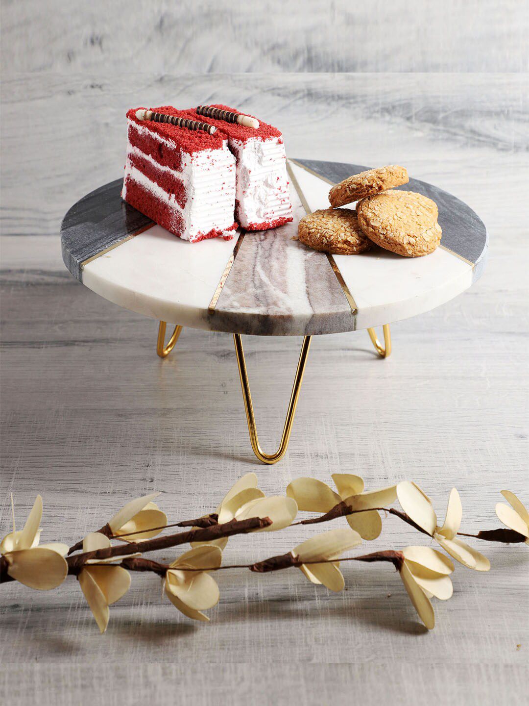 NikkisPride White & Grey Handmade Marble Tri-Color Brass Inlay Cake Stand Price in India