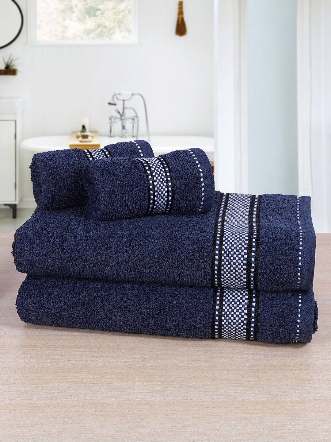 RANGOLI Unisex Set of 4 Navy Blue Solid 380 GSM Bath Towel Price in India