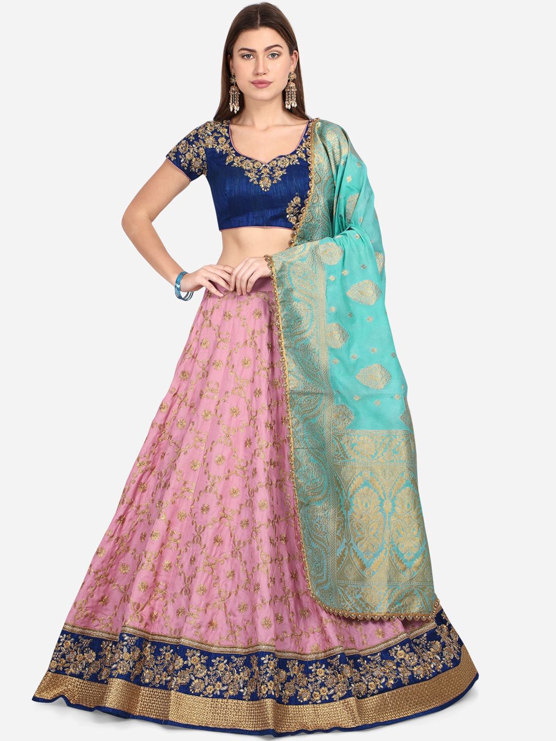 NAKKASHI Pink & Navy Blue Embroidered Semi-Stitched Lehenga & Unstitched Blouse with Dupatta