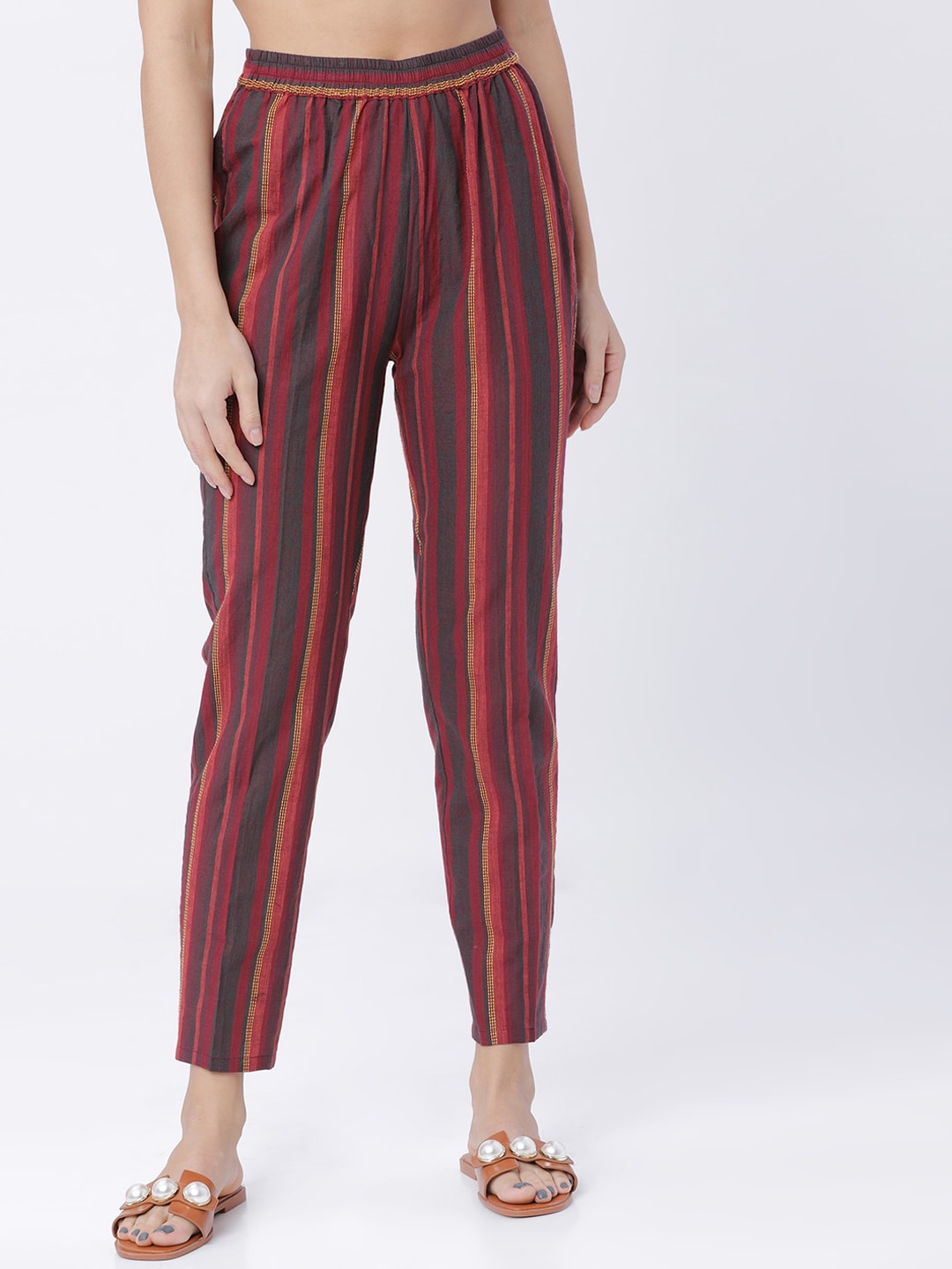 Vishudh Women Burgundy & Green Tapered Fit Striped Cigarette Trousers Price in India