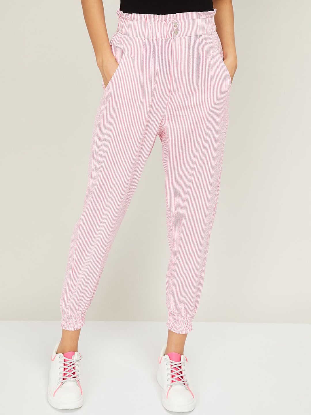 Ginger by Lifestyle Women Pink & Off-White Regular Fit Striped Joggers Price in India
